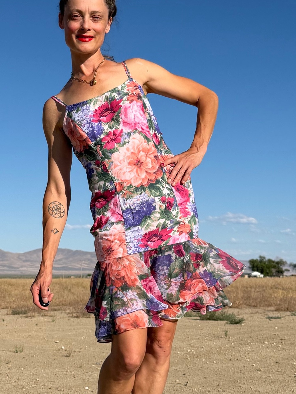 Floral Ruffle Mini Dress - Pink, Purple & Cream